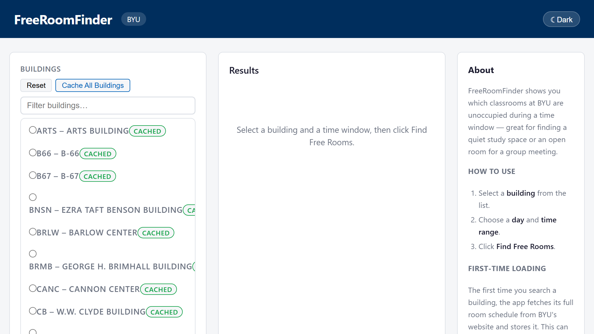 FreeRoomFinder building and time-range search