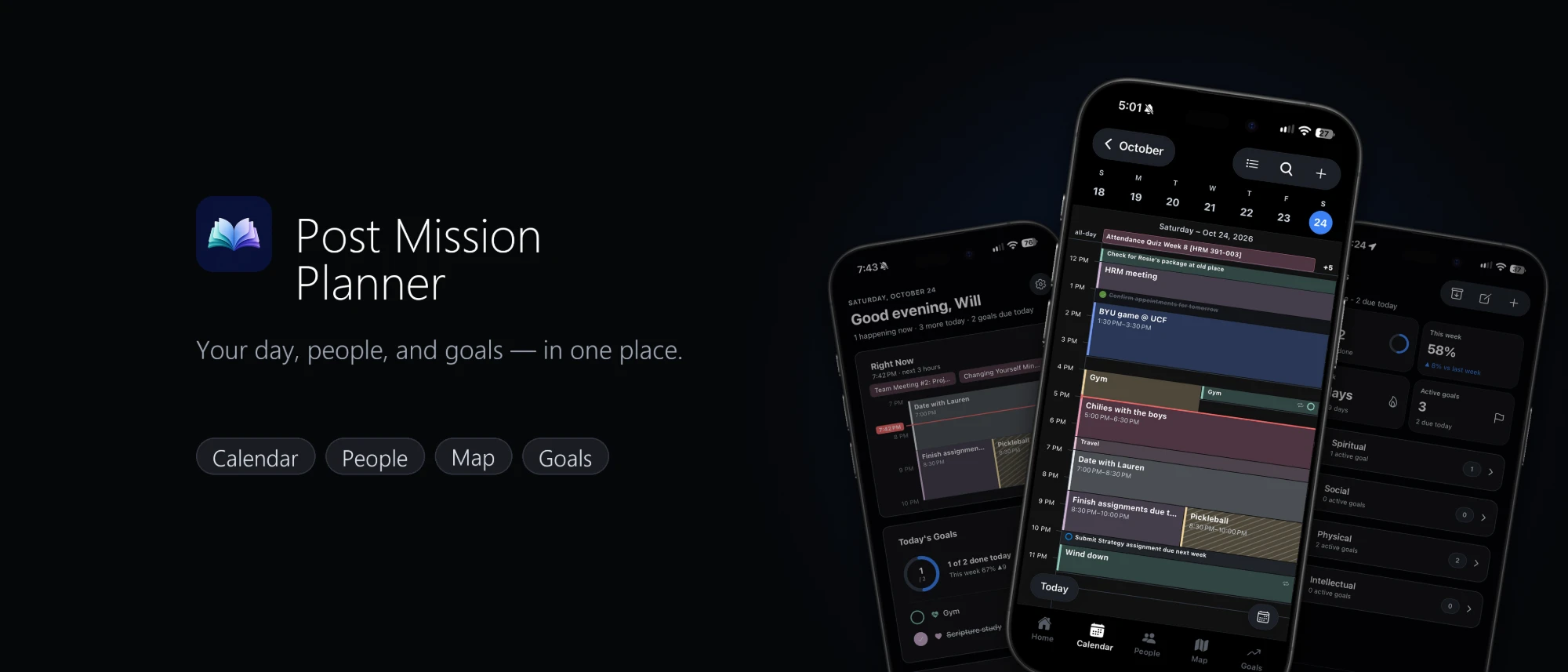 Post Mission Planner app showing the home, calendar, and goals screens